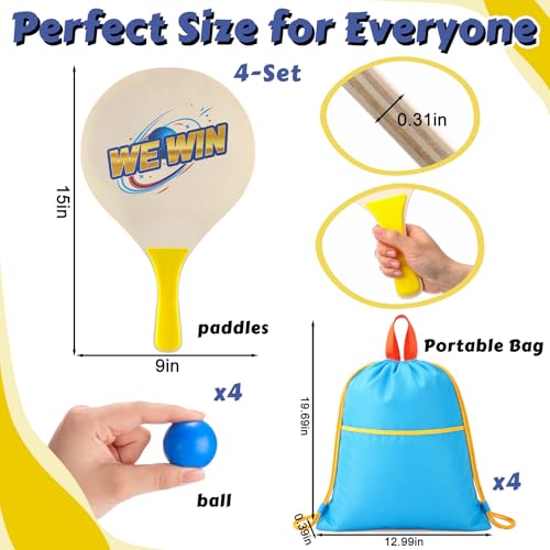 Junkin 4 Pairs Beach Paddle Ball Set Badminton Rackets Funny Paddleball Rackets Game with 8 Racket 4 Paddle Ball 4 Drawstring Bag for Indoor Outdoor Summer Sports Toys Game Backyard Park Camping Yard