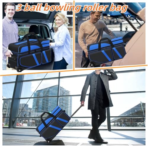 3 Ball Bowling Bags With Wheels,Bowling Bags 3 Ball Roller With Shoes Compartment And Multiple Pockets,3 Ball Bowling Bag has Retractable Handle Extends to 41.5 in - color: blue