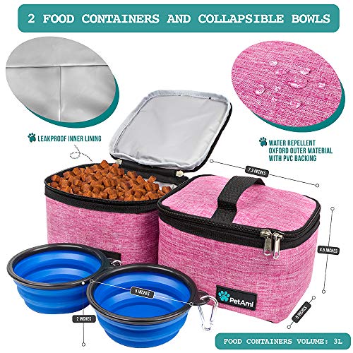 PetAmi Dog Travel Bag Organizer, Pet Travel Kit with 2 Food Containers & 2 Collapsible Dog Bowls, Pet Supplies Tote with Luggage Sleeve, Weekend Road Trip Camping Essentials, Pink, Medium - color: Pink, size: Medium - 14.5"L x 8"W x 12.0"H