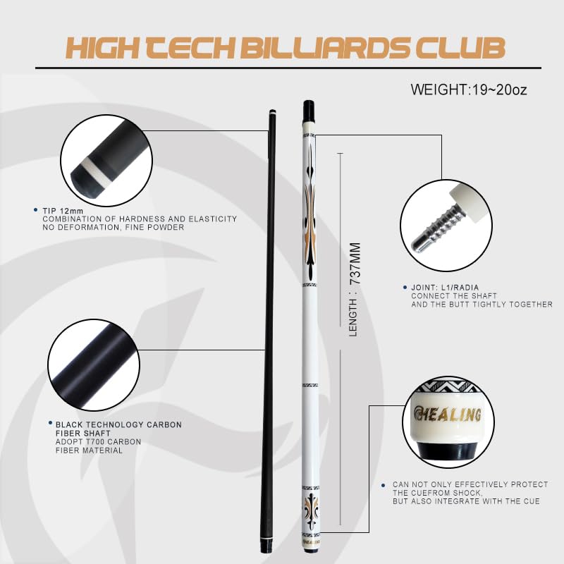 Carbon Fiber Pool Cue – 12.9mm, 14mm and 12.4mm, 2-Piece Billiard Cue Stick for Women/Men, Professional Break Cue for Snooker, 8-Ball, 9-Ball, Home & Club Use - color: White