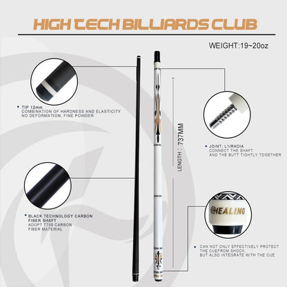 Carbon Fiber Pool Cue – 12.9mm, 14mm and 12.4mm, 2-Piece Billiard Cue Stick for Women/Men, Professional Break Cue for Snooker, 8-Ball, 9-Ball, Home & Club Use - color: White