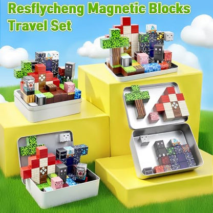 Resflycheng 70PCS Magnetic Building Blocks Travel Toys for Kids Ages 4-8, Forest Portal Mini Magnetic Blocks with Iron Case, Portable Magnet Cubes STEM Learning Set for Toddler Boys Girls Ages 3+ - style: Forest Portal