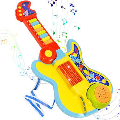 Toddler Guitar Toy 2-4 Years, 4-in-1 Kids Musical Toy with Piano & Projector, Light Up Music Instrument Toy for Toddlers, Learning Educational Toy Gift for 2 3 4 5 Year Old Girls Boys - color: Yellow