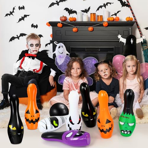 Soulchen 7 Pcs Giant Halloween Inflatable Bowling Set, Includes 6 Giant 24.4 Inch Pins, 1 Piece 7.8 Inch Ball, Jumbo Halloween Bowling Games Set for Outdoor Indoor Family Activities Decor