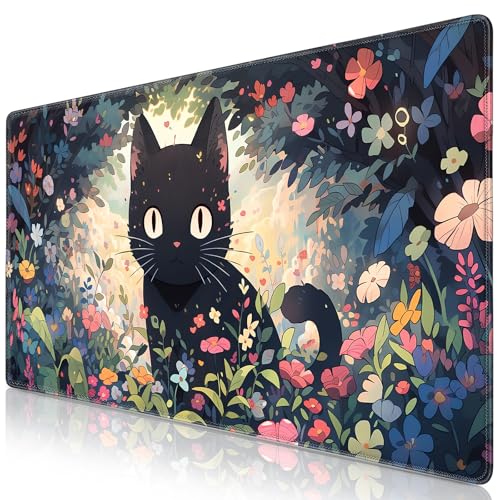 Canjoy Cute Black Cats Anime Mouse pad, 31.5x15.7inch Kawaii Computer Keyboard Mat Extended Large Gaming Mouse Pad with Non-Slip Rubber Base - color: Black Cat
