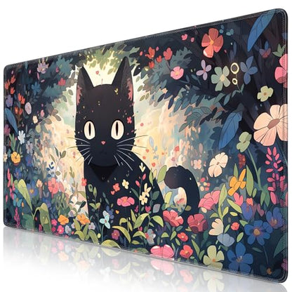 Canjoy Cute Black Cats Anime Mouse pad, 31.5x15.7inch Kawaii Computer Keyboard Mat Extended Large Gaming Mouse Pad with Non-Slip Rubber Base - color: Black Cat