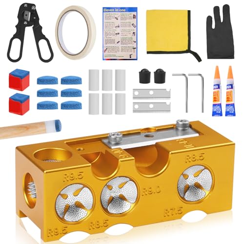 11-in-1 Aluminum Alloy Pool cue Tips Replacement kit,Pool cue tip Shaper,Professional Cue Stick Tool Kit,Pool cue Shaper Accessories for Replacement and Shaping Cue Tips (Yellow)
