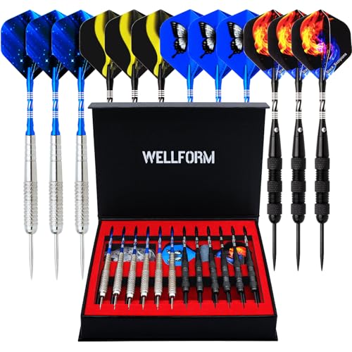 Darts Metal Tip Set, 12 Pack 22 Grams Steel Tip Darts Set-Professional Metal Darts for Dartboard, with Non-Slip Iron Barrel, Aluminum Shafts, Extra Flights, Dart Sharpener & Wrench, Gift Box