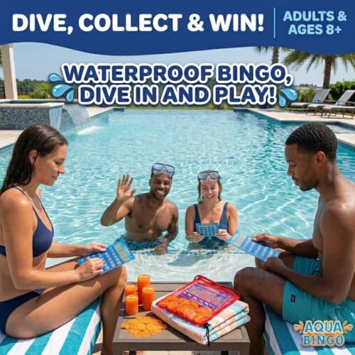 Aqua Pool Bingo Diving Game for Adults & Kids- Swim for & Call 75 Sinking Numbers, Fill Your Card To Win- Includes 200 Marker Chips, 10 Waterproof Play Cards, Summer BBQ Fun, Beach Party Activity Toy