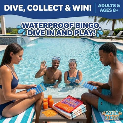 Aqua Pool Bingo Diving Game for Adults & Kids- Swim for & Call 75 Sinking Numbers, Fill Your Card To Win- Includes 200 Marker Chips, 10 Waterproof Play Cards, Summer BBQ Fun, Beach Party Activity Toy