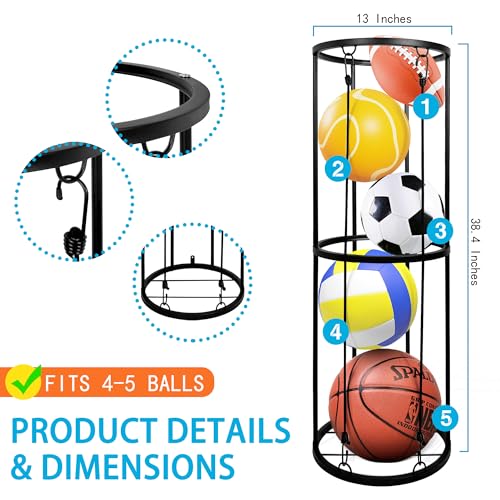 Garage Ball Storage Rack, Wall-Mounted Basketball Holder, Vertical Ball Rack for Soccer Volleyball Football Basketball, Space-Saving Sports Ball Storage Organizer for Garage & Home