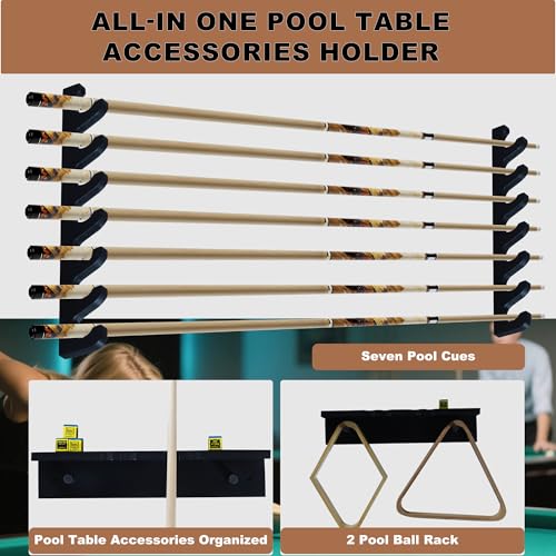 Black Wall-Mounted Pool Stick Holder, Wooden Billiards Pool Cue Rack Holds 7 Cue Sticks and 2 Pool Ball Racks, Pool Table Accessories Organizer for Billiard Rooms or Clubs