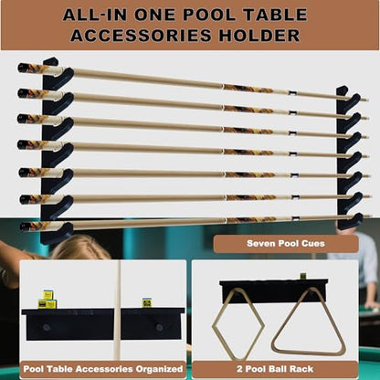 Black Wall-Mounted Pool Stick Holder, Wooden Billiards Pool Cue Rack Holds 7 Cue Sticks and 2 Pool Ball Racks, Pool Table Accessories Organizer for Billiard Rooms or Clubs