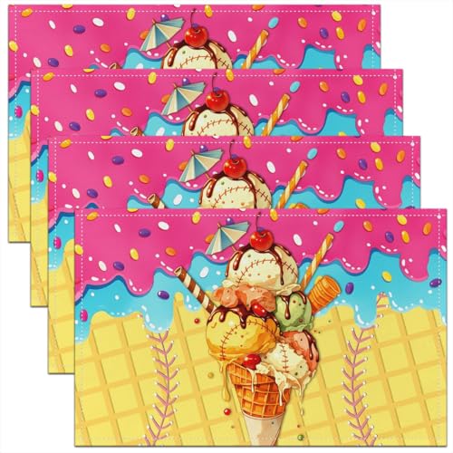 Ice Cream Drips Kids Placemats Set of 4,Waffle Cake Biscuit Dessert Macaron Table Place Mats,Baseball Ball Sport Game Kitchen Decor,Yellow Placemat Kitchen Table Decoration 12"x18" - color: Yellow