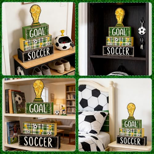 DIYDEC 4Pcs Soccer Tabletop Decorations Wooden Trophy Block Signs Gift Rustic Football Tiered Tray Decor Soccer Centerpiece World Cup Table Sign for Home Office Tabletop Fireplace Party Decor - style: Soccer Trophy