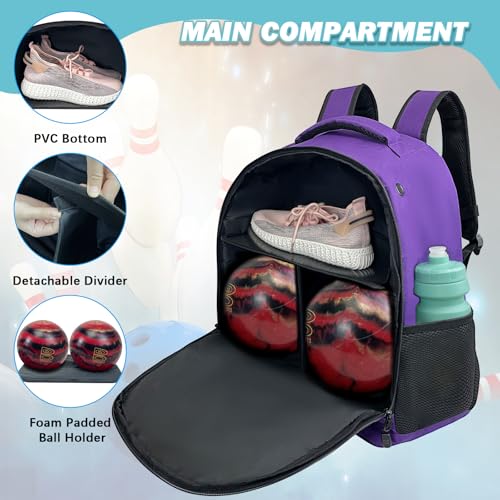 WOLT Bowling Ball Bag,2 Ball Bowling Backpack with Protective Foam Padded & Shoe Compartment Fits Up to Mens Size 16 - color: Purple