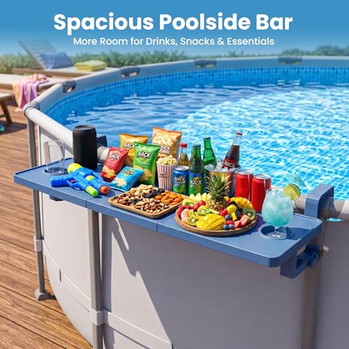 Poolside Bar For Above Ground Pool, Outdoor Pool Bar Table for Above-Ground Round Pool,40.5in Length Adjustable Poolside Table Pool Shelf with Pool Drink Holder, Above Ground Pool Accessories