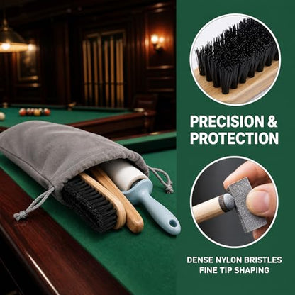 10 Piece Pool Table Cleaning Kit Professional Billiard Felt Cleaner Rail Brush Set with Wooden Brushes Cue Cloths Ferrule Polish Cloths and Sticky Lint Roller for Table Care