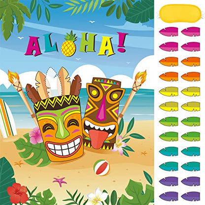 WERNNSAI Hawaiian Party Game - Pin The Feather on The Tiki Hawaiian Party Decorations Luau Pin Games 21’’ x 28’’ Aloha Poster with 24 Pcs Stickers for Summer Tropical Beach Pool Activities - style: Hawaiian