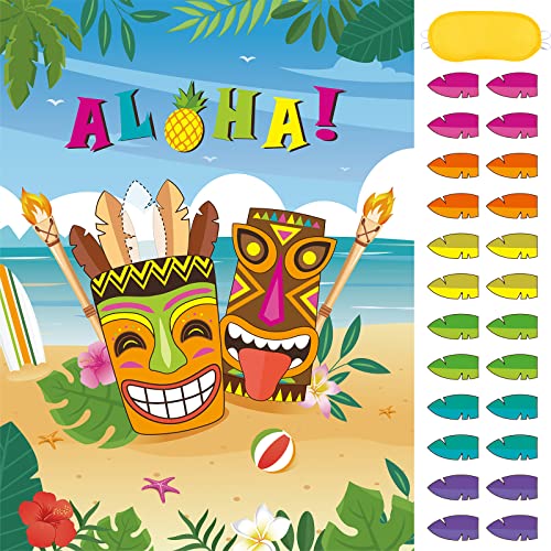 WERNNSAI Hawaiian Party Game - Pin The Feather on The Tiki Hawaiian Party Decorations Luau Pin Games 21’’ x 28’’ Aloha Poster with 24 Pcs Stickers for Summer Tropical Beach Pool Activities - style: Hawaiian