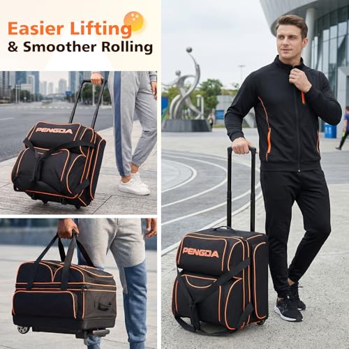 PENGDA 4 Ball Bowling Bag With Wheels, Integrated Single-Chamber 4-Ball System, 900D Reinforced Oxford Bowling Ball Bag, Telescopic Handle Roller Tote Storage Bag for Bowling Accessories and shoes