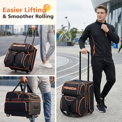 PENGDA 4 Ball Bowling Bag With Wheels, Integrated Single-Chamber 4-Ball System, 900D Reinforced Oxford Bowling Ball Bag, Telescopic Handle Roller Tote Storage Bag for Bowling Accessories and shoes