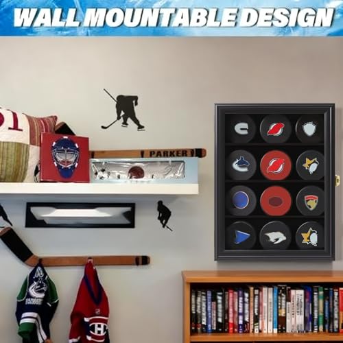 12 Hockey Puck Display Case - Puck Holder Wall Mount Cabinet Stand - Hockey Puck Shadow Box with Real Glass, Small Black，Has UV Protection - size: Small-Black