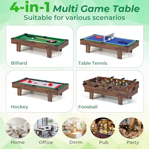 GYMAX 4 in 1 Multi Game Table, 32" Combo Game Table Set Includes Foosball, Pool Table, Hockey, Ping Pong Tabletops w/Accessories for Kids & Adults, Home, Game Room, Family Nights - color: Wood Grain