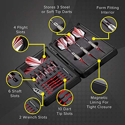 Casemaster Sinister Magnetic Aluminum Dart Case with Precision Cut Space to Hold 3 Steel Tip or Soft Tip Darts and Extra Flights, Shafts and Tips, Magnetic Latch Keeps Case Closed Tight,Grey