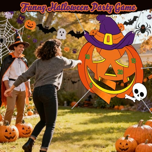 Tiamon Halloween Pumpkin Bean Bag Toss Game Banner with 3 Bean Bags, 47x45 Large Pumpkin Halloween Toss Game, Trick or Treat Party Supplies, Classroom Carnival Fall Festival Activities
