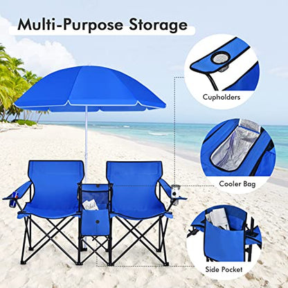 LDAILY LUARANE Folding Double Camping Chair, Outdoor Picnic Chairs w/Removable Umbrella, Mini Table, Cup Holder & Carrying Bag, Portable Camping Loveseat for Patio, Pool, Lawn, Beach, Park (Blue) - color: Blue