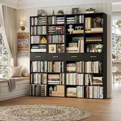 HOSTACK 73" Tall Bookshelf with Drawers, 7-Tier Black Bookshelf with Storage, Double Wide Bookcase with 14 Open Book Shelves, Wood Book Case with Adjustable Shelves for Media CD DVD Storage, Black - color: Black