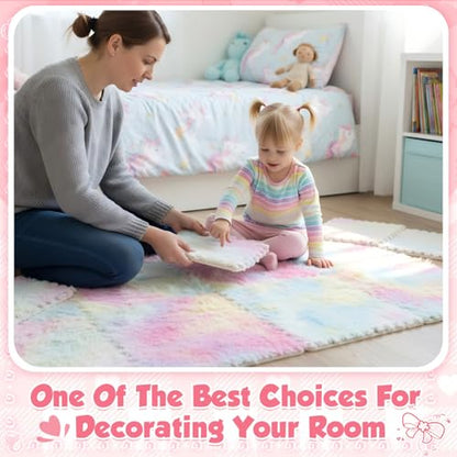 16 Pcs Pastel Faux Fur Floor Tiles, 11.8 x 11.8 in Puzzle Girls Play Soft Tiles, 1.5 Inch Shaggy Square, EVA Foam Floor Mat for Nursery, Playroom, Bedroom, Toddler Room, Daycare - color: Pastel