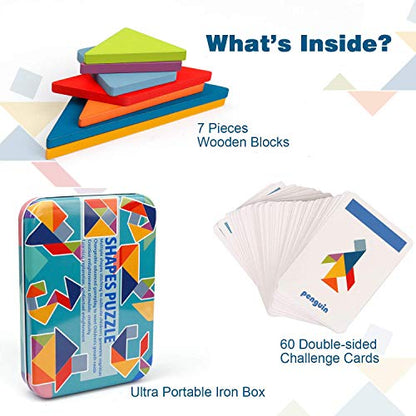 Vanmor Wooden Tangrams Sets Pattern Blocks, Shape Card Brain Teaser Puzzles Educational Toy, Travel Games for Kids Ages 4-8 Road Trip Essentials - color: Tangrams Set