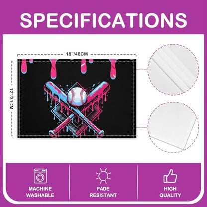 jejeloiu Baseball Placemats Set of 4 12x18 Inch Baseball Gaming Table Mats for Party Kitchen Diningation Holiday Pink Ice Cream Drip Place Mat for Dinner Table Indoor Non-Slip Easy to Clean Washable - color: Black Pink Blue