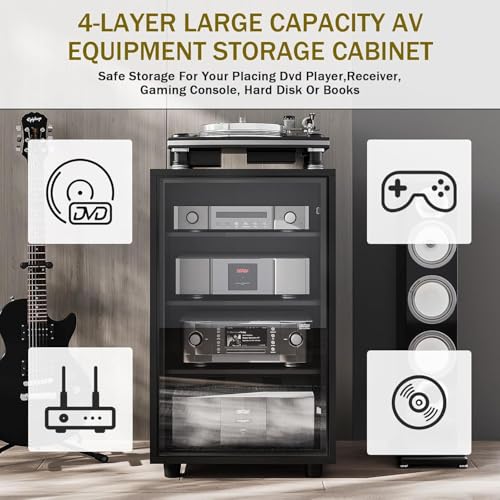 Media Storage Cabinet with Tempered Glass Door, 3 Adjustable Shelves Stereo Cabinet with Cable Management, AV Rack for Living Room/Gaming Setup/Home Studio Audio Rack (Black)