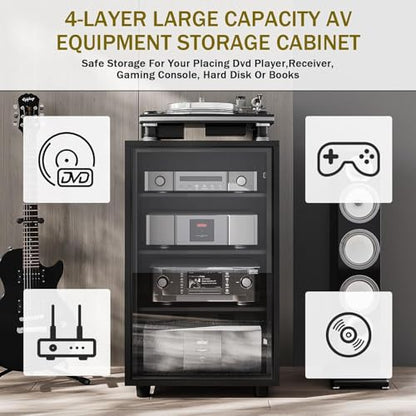 Media Storage Cabinet with Tempered Glass Door, 3 Adjustable Shelves Stereo Cabinet with Cable Management, AV Rack for Living Room/Gaming Setup/Home Studio Audio Rack (Black)
