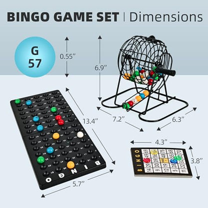 Doublefan Bingo Deluxe Game Set for Adults and Kids - Includes 8 Inch Wheel Cage, 75 Balls, Master Board, 50 Cards and Colorful Chips - Fun Family Game Night