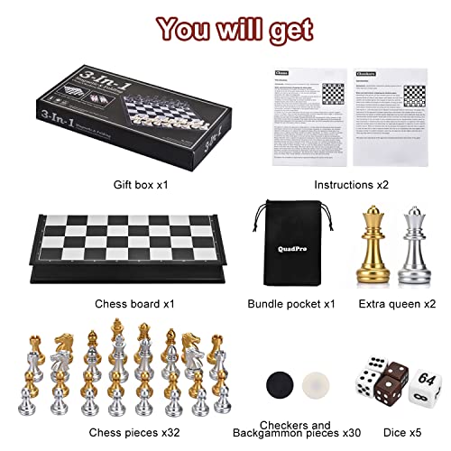 3 in 1 Magnetic Chess Checkers Backgammon Board Game Set with 12.5 Inch Folding Board Travel Games for Kids and Adults (Chess: Gold & Silver) - color: Chess: Gold & Silver