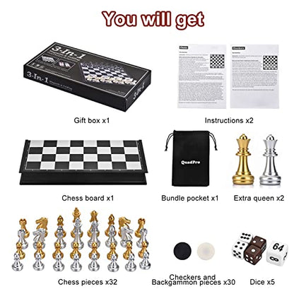 3 in 1 Magnetic Chess Checkers Backgammon Board Game Set with 12.5 Inch Folding Board Travel Games for Kids and Adults (Chess: Gold & Silver) - color: Chess: Gold & Silver