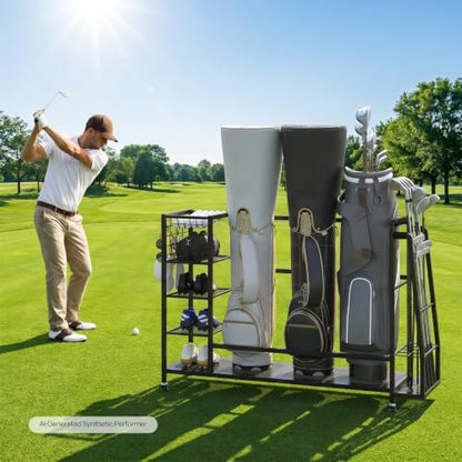 HOOBRO Golf Bag Storage Garage Organizer, Golf Bag Storage Stand Fits 3 Golf Bags and Golf Equipment Rack with Wheels, Extra Storage Rack for Garage, Club, Basement, Black BK109CJ01 - size: 55.7"L x 11.8"W x 33.5"H