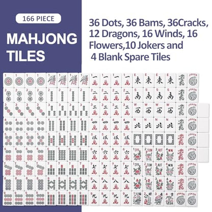 TIASUSAN American Mahjong Game Set, 166 White Tiles, Blue Printed Bag with Entire Accessories, 4 All-in-One Rack/Pushers, Mahjong Tiles Set - color: Blue