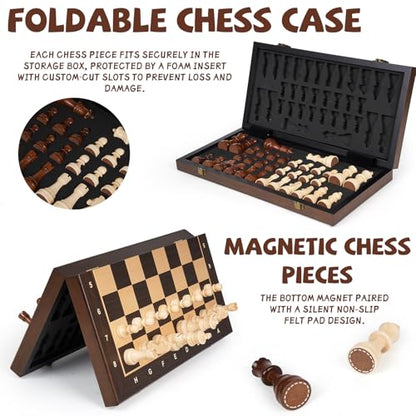 15" Magnetic Wooden Chess Set for Kids,Adults & Beginners with 3" King & 2 Extra Queens – Portable Folding Travel Chess Board with Storage – Classic Strategy Game