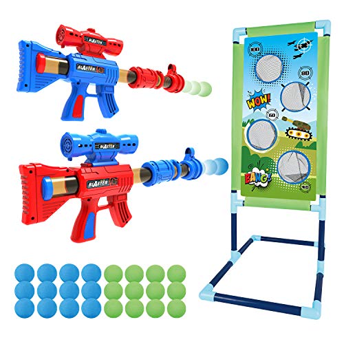 SpringFlower Shooting Game Toy for 6 7 8 9 10+ Years Olds Boys,2pk Foam Ball Popper Air Toy Guns with Standing Shooting Target,24 Foam Balls, for Kids