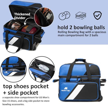 Bowling Bag with Wheels Double Roller 2 Ball Bowling Separate Shoe Compartment and Oversized Accessory Pocket, 36.6" Extendable Handle. - color: BLUE