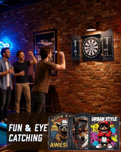 Sisal Dart Board Cabinet Sets, Decorative Dart Boards for Adults [6*Steel Darts] - Wooden Dartboard Cabinet with Integrated Scoreboard for Family Game Rooms - [Urban Bear]