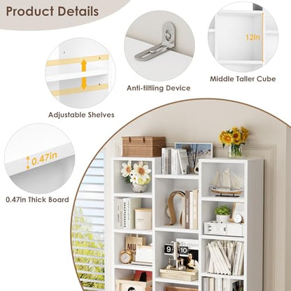 FOTOSOK 71'' White Bookshelf with 21 Cubes, 8 Tier Triple Wide Tall Bookshelf with 8 Adjustable Shelves, 35" Large Bookcase DVD/CD Media Tower Storage, Freestanding Display Shelf Cabinet, White - color: White
