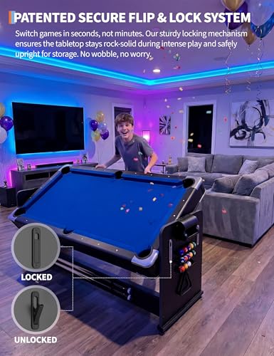 Rotating 3-in-1 Game Table 7FT - Convertible Air Hockey, Pool & Table Tennis with Built-in Storage Rack, Easy Flip Top for Game Room