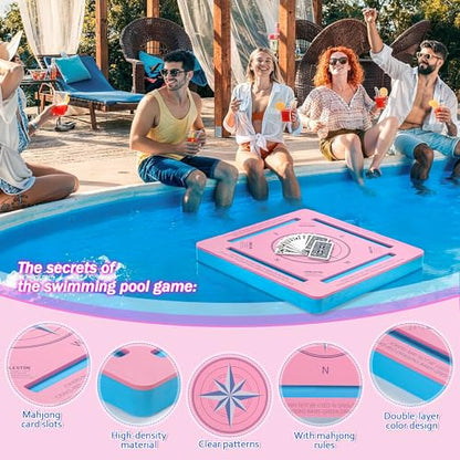 Floating Game Table for Pool, 19x19 Waterproof EVA Foam Card Table with Tile Slots, Portable Lightweight Pool Table for Mahjong, Dominoes & Poker, Travel Game Rack for Pool Party
