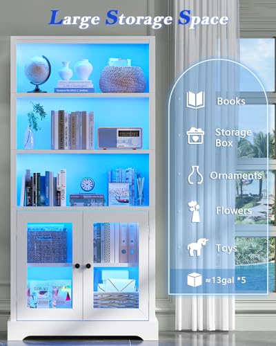 TVU 5-Tier Bookshelf, 65" Bookshelf with Multi-Color Ambient Lights (APP Remote Control), Tall Vertical Display Shelf with Cabinet Doors, Suitable for Living Room, Bedroom, Study, Office, White - color: White